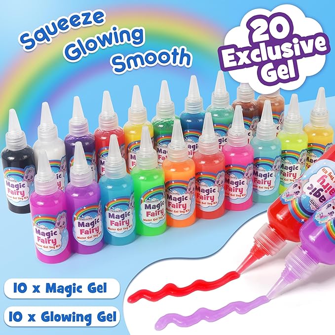 Mocoosy 20 Color Glow in The Dark Magic Water Elf Toy Kit for Kids, Aqua Fairy Water Gel Kit with Aqua Gel & Squishy Maker Molds, Create Your Own Squishy Toys & Water Pets, DIY Crafts Birthday Gifts
