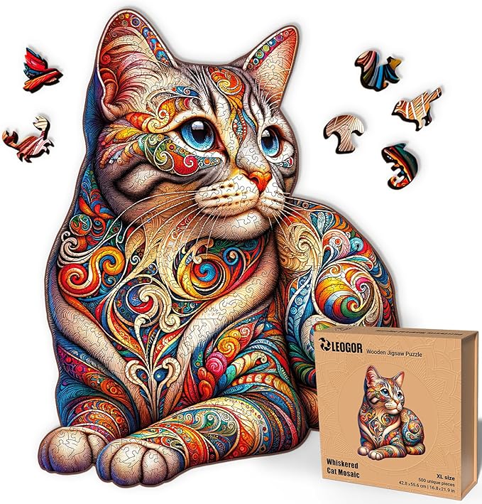 LEOGOR Wooden Puzzles for Adults 500 Piece (16.8 x 21.9 in), Mosaic Cat Jigsaw Puzzle, Extra-Thick 5mm Wood Puzzle Adult, Unique Animal Shaped Pieces, Challenging Large Brain Teaser Puzzle for Adults