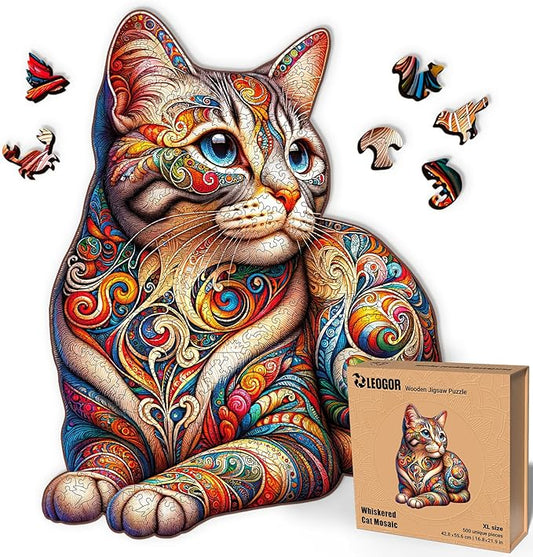 LEOGOR Wooden Puzzles for Adults 500 Piece (16.8 x 21.9 in), Mosaic Cat Jigsaw Puzzle, Extra-Thick 5mm Wood Puzzle Adult, Unique Animal Shaped Pieces, Challenging Large Brain Teaser Puzzle for Adults
