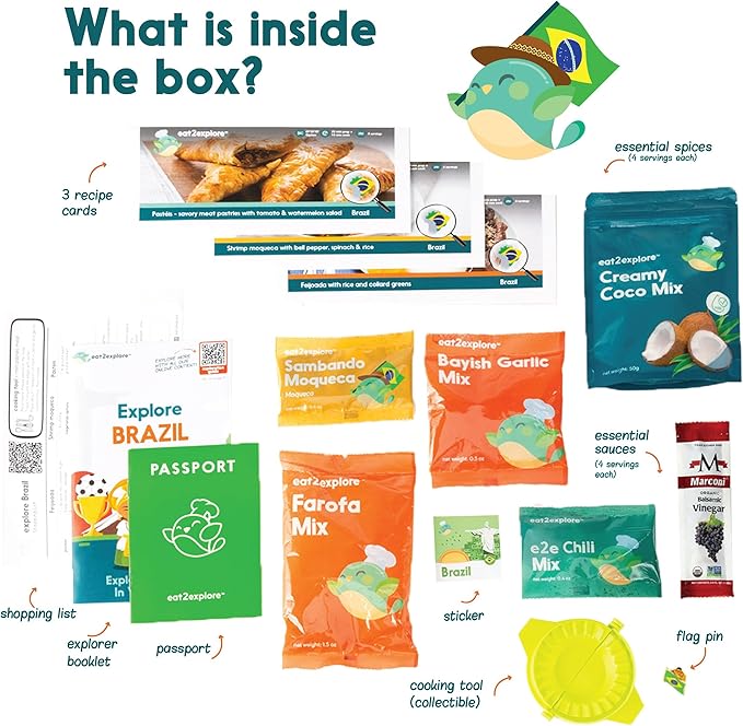 eat2explore Cooking Kits for Kids - Interactive & Educational Set with 3 Recipe Cards, Key Ingredients & Cooking Tools - Ideal Idea for Kids who Love to Create Meals (Brazil Edition)