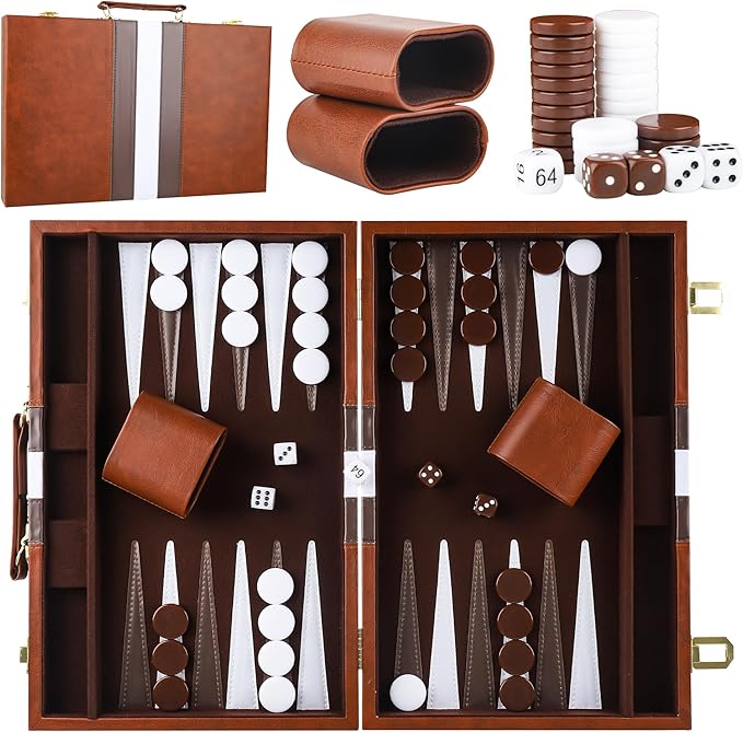 Froggod 15 inch Backgammon Sets for Adults - Classic Board Game for Adults - Portable Travel Backgammon Set for 2 Players - Perfect Adult Board Games for Gifts & Family Fun(Brown)