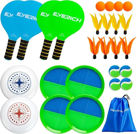 EVERICH Upgraded Toss Catch Paddle Ball Game Set, Outdoor Racket Games for Kids Adults, Beach Pool Sand Lawn Toy Includes 8 Paddles 8 Balls 8 Birdies 2 Flying Disc, Birthday Easter Gift for Boys Girls