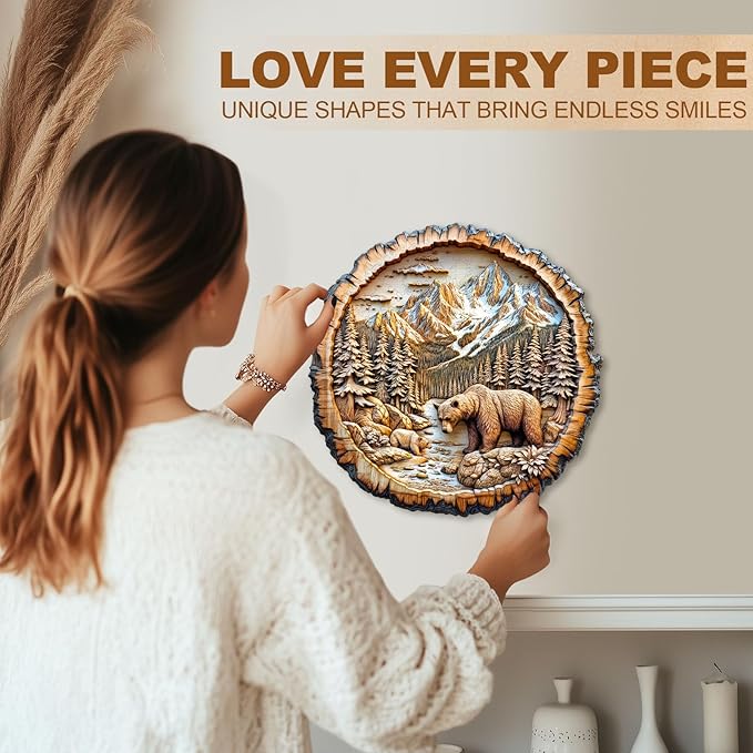 Wooden Puzzles for Adults - 200 Pieces Annual Ring Bear Puzzle - Unique Shapes Wooden Jigsaw Puzzles for Adults - Eco-Friendly Home Office Decor (M-11.4 * 11.4in)