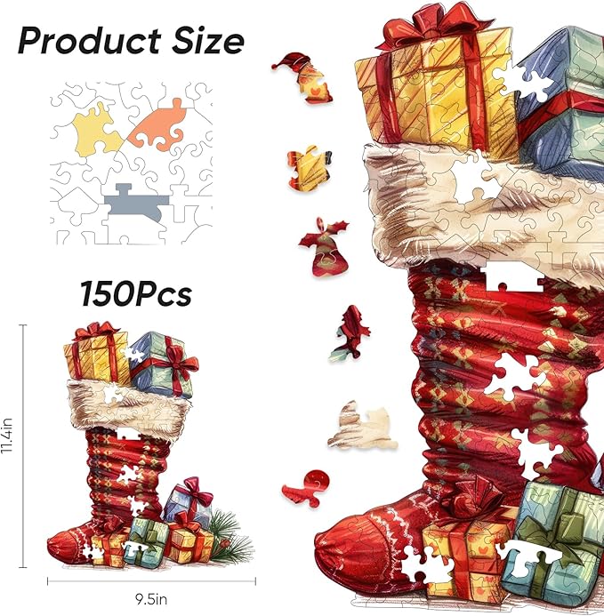 Ruikiyart Wooden Puzzles for Adults, 5MM 150 Pieces Christmas Boots Wooden Jigsaw Puzzles, Unique Shapes Pieces Christmas Puzzles Great Box Gift for Kids and Adults (9.5"x11.4")