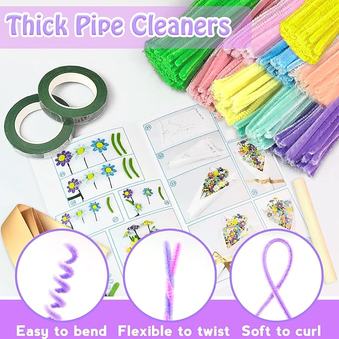 Pipe Cleaners Craft Kit 9 Assorted Colors Pipe Cleaners Bulk Flower Making Kit Chenille Stems DIY Arts and Crafts Supplies for Kids Adults Creative Bouquet Festival Home Decor Toys Gifts, Daisy