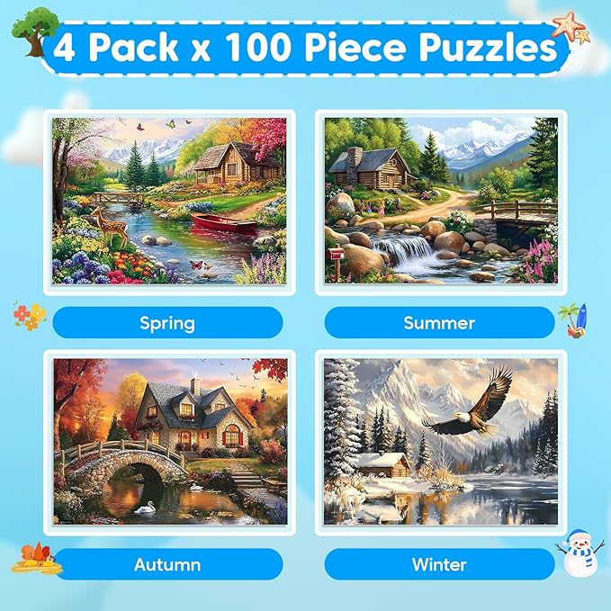 4-Pack 100 Piece Puzzles for Seniors Country Life Large Piece Puzzles for Seniors Puzzle Dementia Alzheimer's Products Activities for Elderly Adults Kids Puzzle for Kids Ages 6-8 8-10