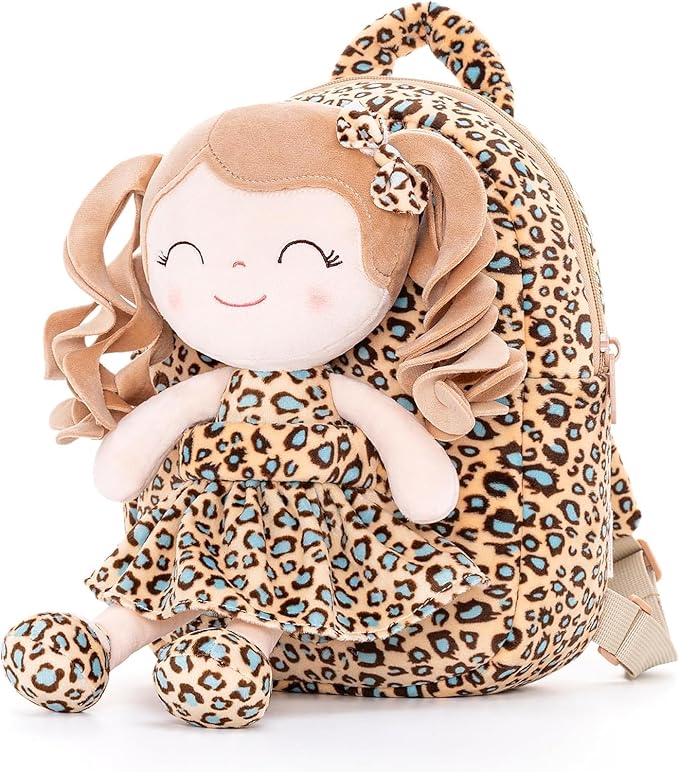 Gloveleya Toddler Backpack Baby Girl Gifts Curly Hair Plush Figures Dress Backpack Kids Backpack Curly Hair Spring Girl - White Leopard 9inches