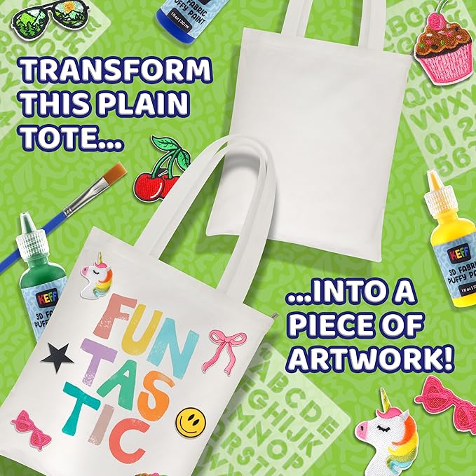 KEFF Decorate Your Own Tote Bag Kit - Crafts for Kids Ages 8-12 with Tote Bag, 12 Embroidered Patches, 5 Colors Fabric Paint (Puff Paint), Paint Brush, Palette, 3-Style Letter Stencils & Instructions