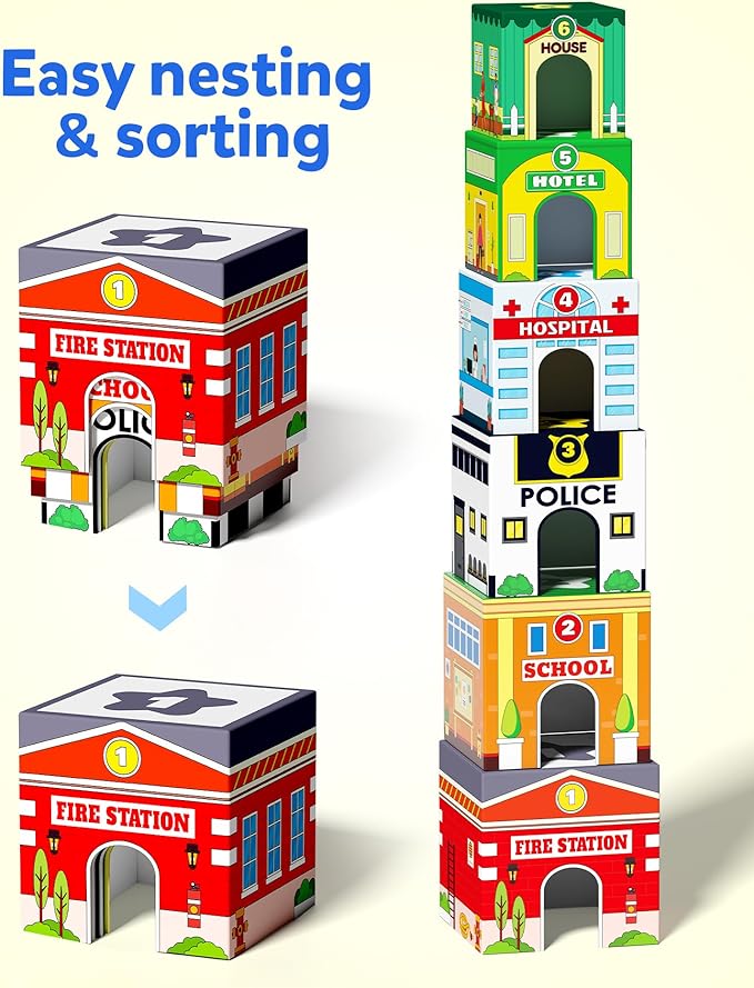 Coogam Montessori Sorting & Stacking Blocks with Nesting Garages Cars, Stackable Number Boxes for Toddlers Learning Community Helpers, Preschool Educational Toy Gift for 2 3 4 Year Old Baby