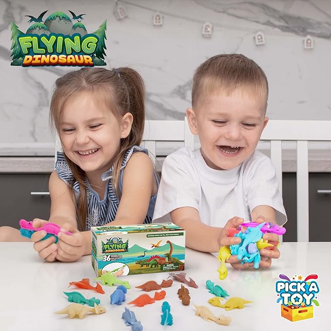PICK A TOY Stretchy Slingshot Dinosaur Toys – 36 Mini Rubber Dinosaurs, Party Favors, Kids Prizes, Easter Egg Fillers, Finger Flingers Flying Chicken Toy