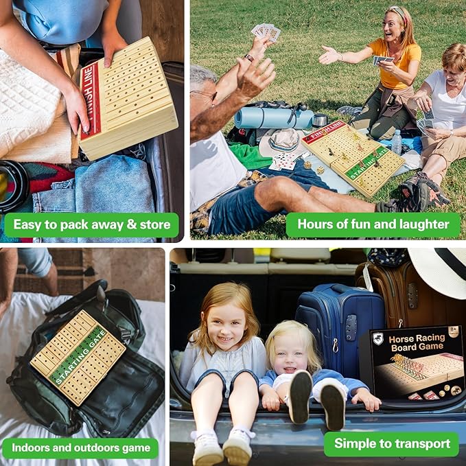 FUNNYB&G 21 inches Horse Race Board Game Foldable Large Horse Racing Game for Adults with 11 Metal Horses, Solid Wood 60 Pcs Poker Chips 2 Dice 1 Pack of Cards for Family Tabletop Parties(Log)