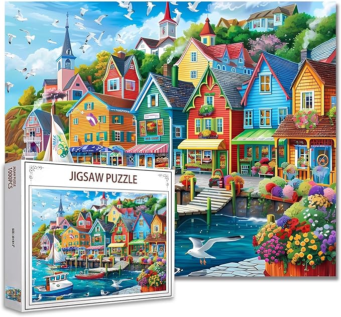 Tucocoo Jigsaw Puzzles 1000 Pieces for Adults-Colorful Seaside Town Hardboard Puzzle-Challenging Puzzle Perfect for Game Nights-DIY Home Wall Decor-Art Puzzles Colorful Coastal Town 27" x 20"