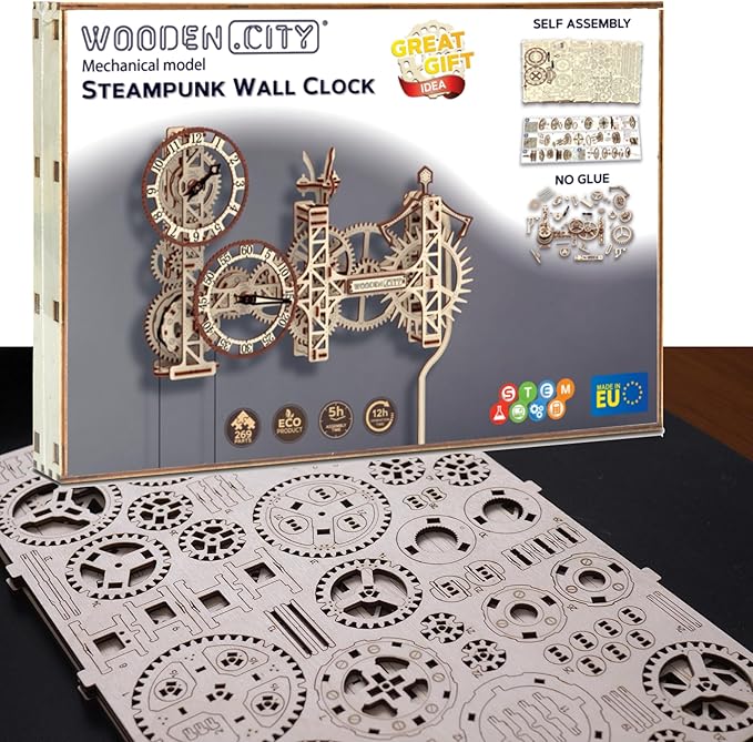 WOODEN.CITY Steampunk Wall Clock Kit – 3D Wooden Puzzle for Adults, Mechanical DIY Clock Model, Working Wall Art (257 Pieces) Made in EU