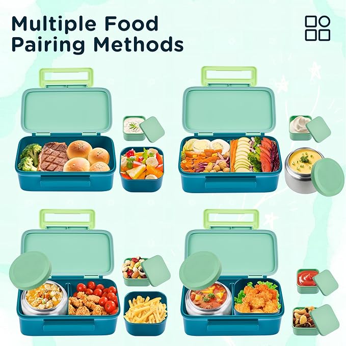 Bento Lunch Box for Kids With 8oz Thermo, Leakproof Bento Box with with 2 Compartments, Insulated Bottle, Lunch Bag, BPA Free Dishwasher Safe for School Girls Boys (Green)