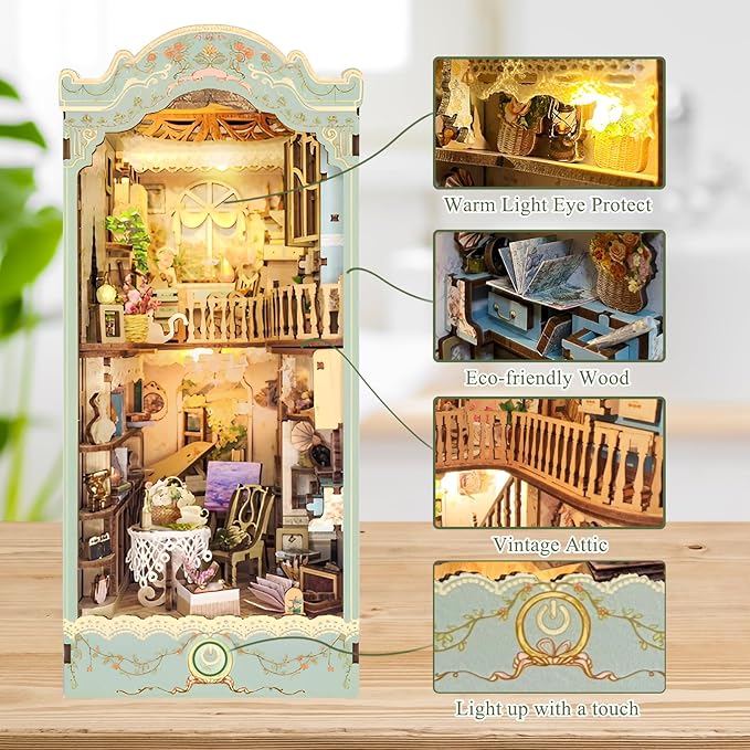 CRIOLPO Book Nook Kit - DIY Doll House Booknook, Book Nook Miniature Kit for Bookshelf Insert Decor Craft for Adult Teen Halloween, 3D Wooden Puzzle Bookends with Sensor Led Light