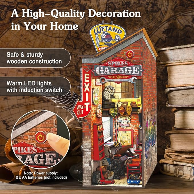 Garage Book Nook Kit - 3D Wooden Puzzle Miniature Book Nook Kits for Adults Teen, DIY Dollhouse Bookshelf Insert Decor with Sensor LED Light, Gift for Family, Friends