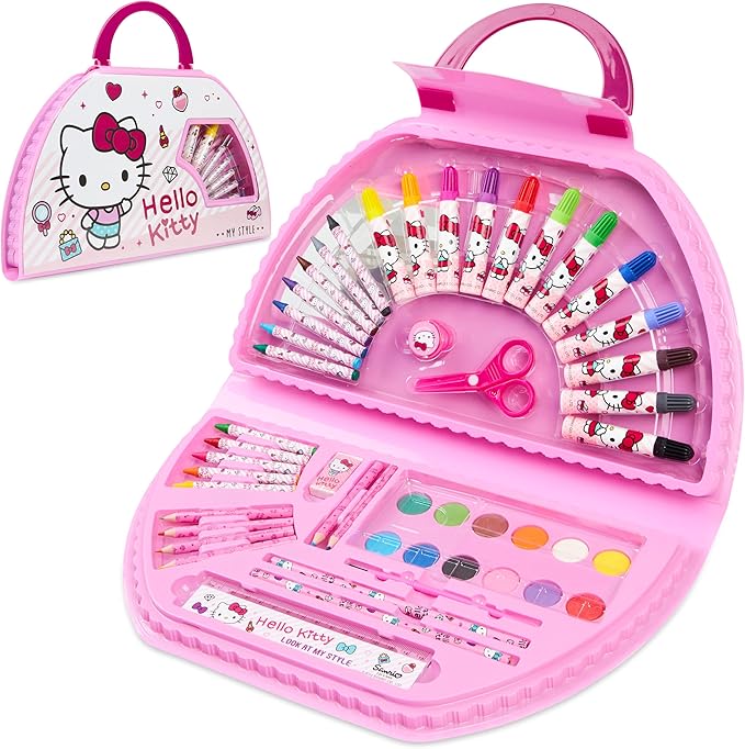 Hello Kitty Colored Pencils Art Supplies Kids Drawing Kit School Supplies Painting Kit Girls Drawing Pencils Art Kit Travel Case with Crayons Arts and Crafts for Kids 4-12 (White/Pink)