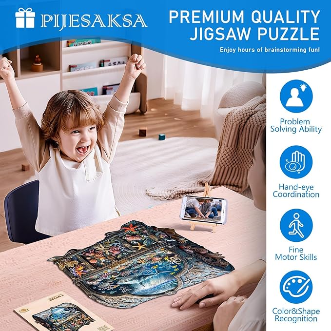 Wooden Puzzles for Adults - Treasure Chest Ocean Wooden Jigsaw Puzzle, Unique Shape Ocean Wood Puzzles Adult, Gifts for Family and Friends, Wall Art Home Decor (S-8.5 * 8.3in- 100 Pieces)