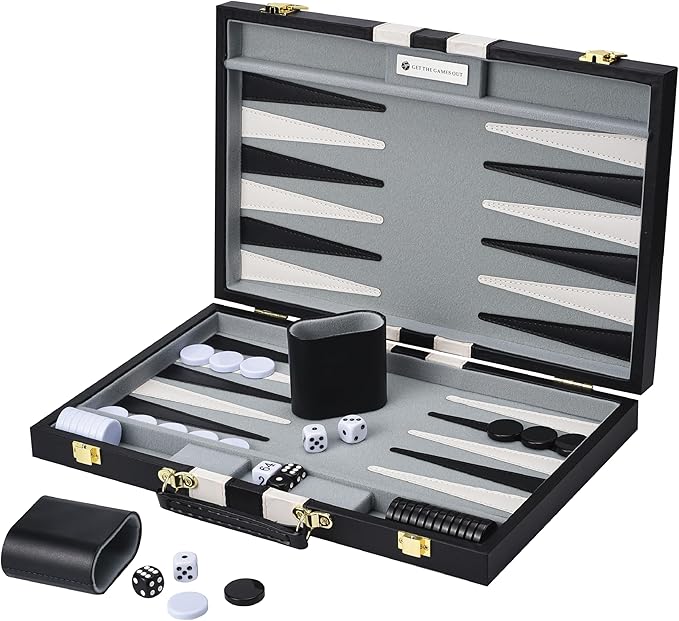Get The Games Out Backgammon Set, Classic Board Game Case, 2 Players, Includes Strategy & Tip Guide, Perfect for Parties and Family Game Nights - Small, Black