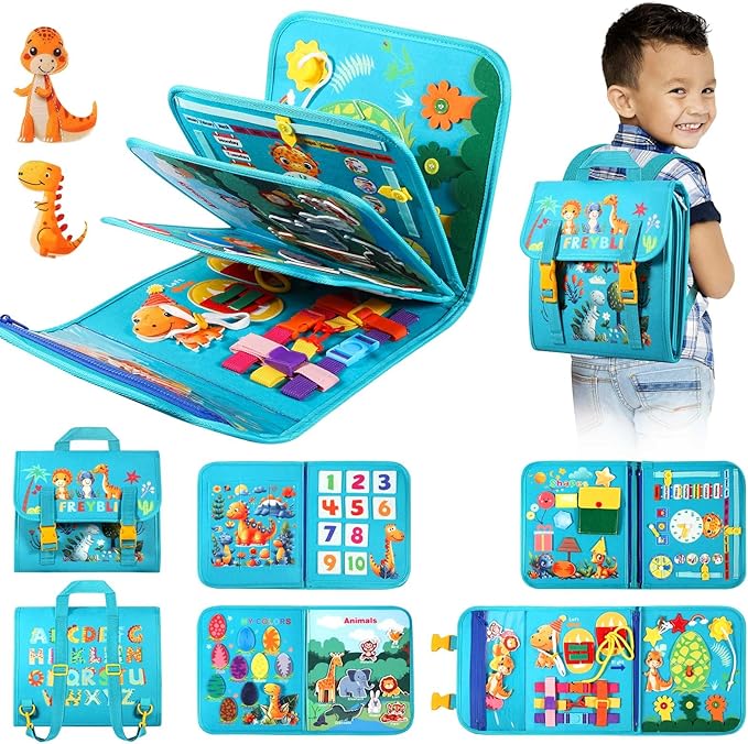 FREYBLI Toddler Busy Board, Montessori Toys for Boy Birthday Gift, Educational Quiet Activity Busy Book for Toddlers, Airplane Car Travel Toys