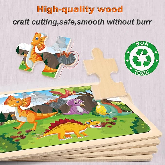 Wooden Puzzles Dinosaur Toys for Kids Ages 3-5, Set of 5 Packs with 30-Piece,Preschool Educational Brain Teaser Toys for Boys and Girls 3-8 Years Old