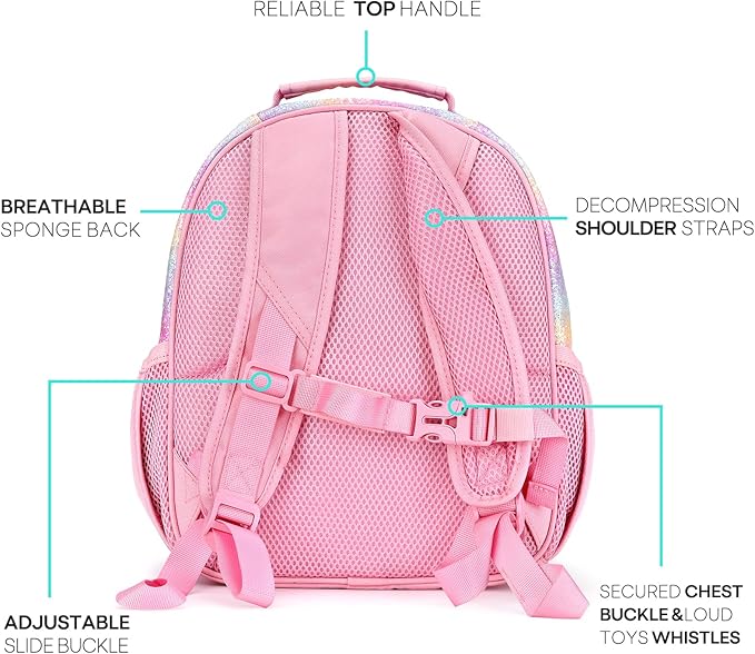 mibasies Toddler Backpack for Girls 2-4: Glitter Kids Backpacks for Girls - Preschool Kindergarten Backpack - Rainbow Pink