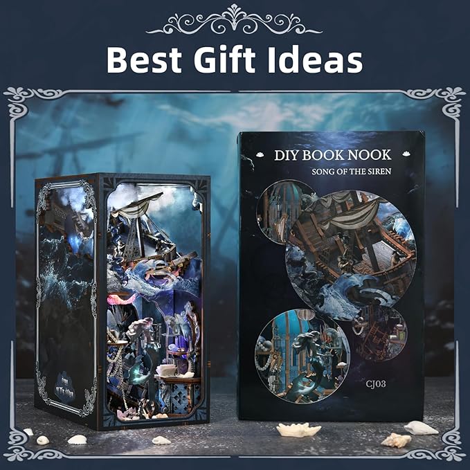 Book Nook Kit, DIY Doll House Booknook, Miniature Kit for Bookshelf Doll Houses for Adults Teen Halloween, 3D Wooden Puzzle Bookends with Led Light and Dust Cover (Sirens Song)