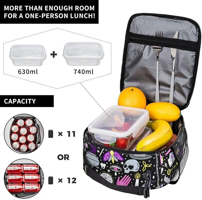 Magic Goth Spooky Gray Purple Reusable Lunch Box Food Bag Insulated Lunch Bag for Teenage Boys Girls School Beach