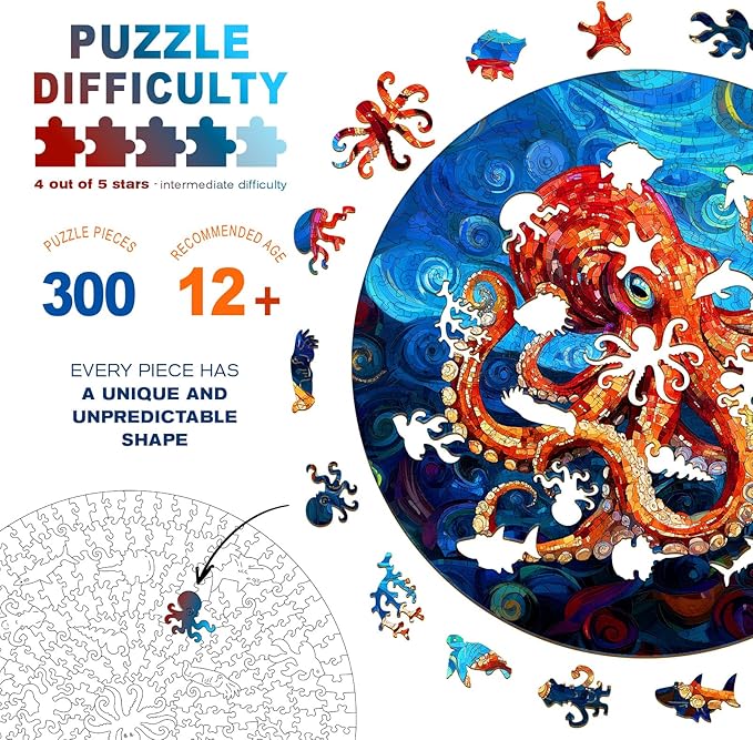 Wooden Puzzles for Adults - Deep-Sea Octopus Wooden Jigsaw Puzzle - Unique Animal Shaped Wood Puzzles Adult - Christmas Birthday Gifts for Adults/Friends/Family - 300pcs 13.4 * 13.4in