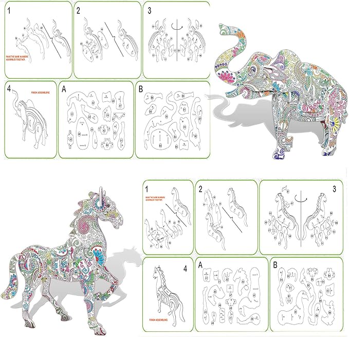 KAZOKU 3D Coloring Puzzle Set, Arts and Crafts for Girls&Boys Ages 6-12 Toys 4 Animals Puzzles with 12 Coloring Pens Supplies Fun Painting Kit Kids Age 8 9 10 11 12 Birthday Children's Day Gift