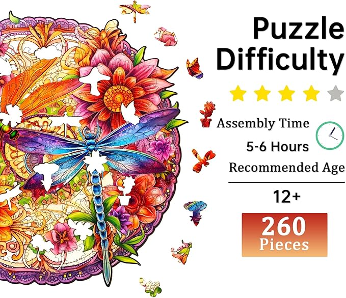 Jigfoxy Wooden Puzzles for Adults, Dragonflies Wood Puzzles Adult, Unique Animal Shape Wooden Jigsaw Puzzles for Adults, Birthday Gifts for Puzzle Lovers, Family, Friend (L-13.6 * 13.1in-260 pcs)