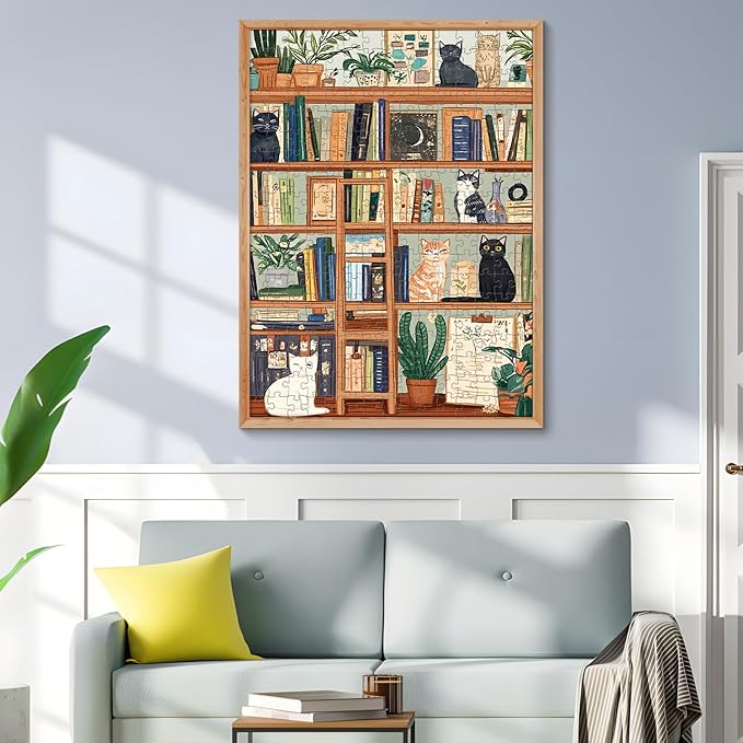 300 Piece Puzzles for Adults, Charming Cat Bookshelf Jigsaw Puzzle, Cozy and Relaxing 300 Piece Puzzle, Perfect for Family Time, Stress Relief, Home Wall Decor, Great Gift for Adults, Kids, Seniors