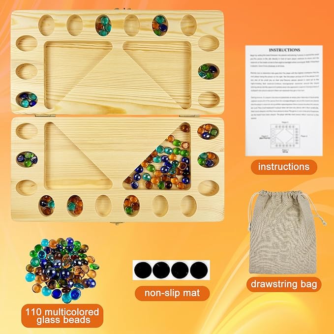 4-Player Mancala Board Game, Foldable Solid Wood with 110 Multi-Coloured Glass Beads, Instruction Manual, Non-Slip Mat,Suitable for Family Party Travelling Adults Puzzle Interactive Game.