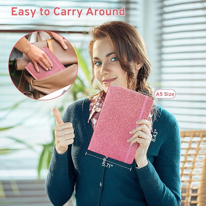 Pink Glitter Notebook, 8.4"x 5.7", 200 Lined Pages, No-Shed Sparkle Journal for Girls & Women, A5 Hardcover Diary for Writing, Birthday Gift for Teen Kids, Trendy Stuff for 6 8 9 10 11 12 Year Old