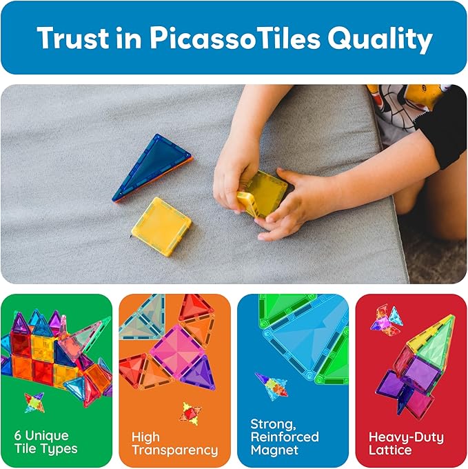 PicassoTiles 80 Pcs Magnetic Building Tiles Magnet Building Block Toys W/Car Diamond Educational Construction Playset Toy for STEM Sensory Gifts Kid Brain Development Stacking Blocks Construction Set