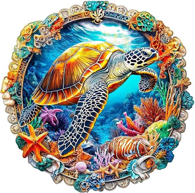 Wooden Puzzles for Adults - Fantasy Ocean Wooden Jigsaw Puzzle for Adults, Colorful Turtle Wood Puzzles Adult, Unique Animal Shape Ocean Puzzle, Wall Art Home Decor (S-8.5 * 8.4in -100 Pieces)