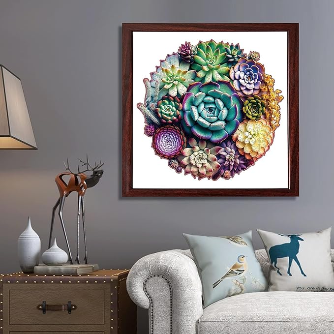 Wooden Jigsaw Puzzle for Adults and Kids Unique Shape Wood Colorful Beautiful Box Fun Challenge Brain Health Family Game Creative Gift for Friends Rompecabezas Madera(Mandala Succulent 300pcs)