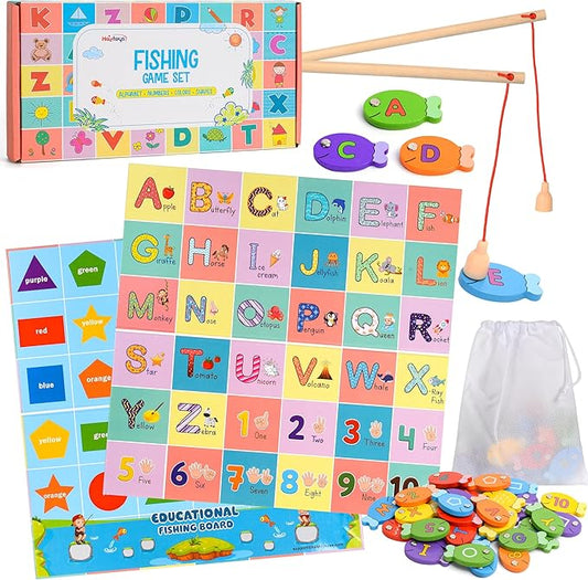 Magnetic Wooden Fishing Game – Interactive ABC Alphabet, Numbers, Shapes & Colors 4-in-1 Learning Board | Montessori Educational Toy for Kids | Complete Set with 36 Fish, 2 Wooden Poles & Board
