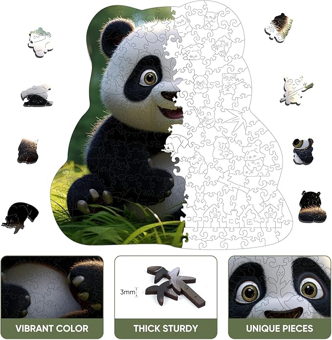 Wooden Jigsaw Puzzle, 200 Pcs Unique 3D Shape Jigsaw Puzzles, Wood Puzzle Gift Box Packing, Medium Size Letter, Creative Gift for Adults and Kids, Fun Challenging (200PCS, Panda)