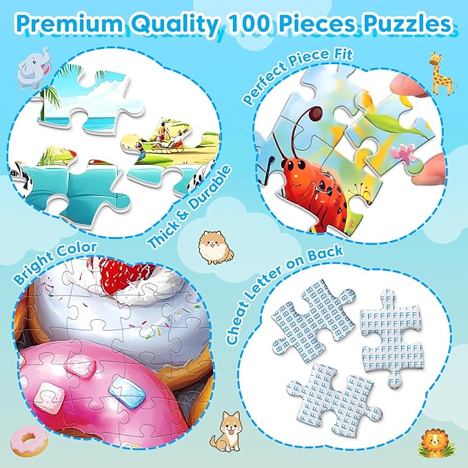 4 Packs 100 Piece Puzzles for Kids Ages 4-6-8-10, Donuts Insects Dalmatians Animals Large Piece Jigsaw Puzzles for Children Senior Adult Educational Puzzle Toys Preschool Birthday Gifts