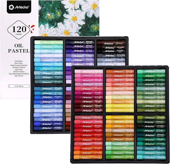 Artecho Oil Pastels Set of 120 Colors, Including 6 Neon Colors, Soft Oil Pastels for Art Painting, Drawing, Blending, Art Supplies for Artists, Beginners, Students, Teachers (10 x 70 mm)
