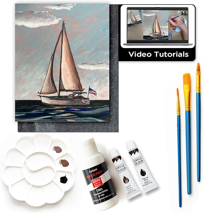 Painting4Real DIY Painting Class Kit for Adults: Learn to Paint Patriotic Sailboat with Video Tutorials – Art Decoration for Independence Day – Hang This Picture/Art as Wall Decor Once Completed