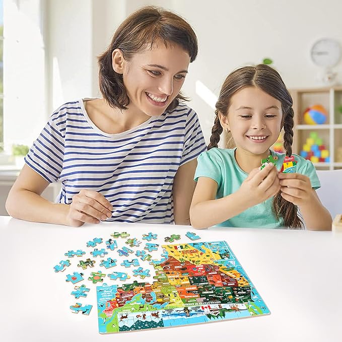 LELEMON United States Puzzles for Kids Ages 4-8,100 Pieces USA Animal Map Jigsaw Puzzles in a Metal Box,Fun America Map Learning Educational Toys for Boys Girls