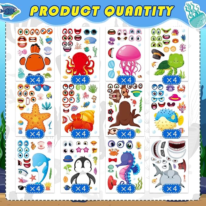 48 Sheets Ocean Stickers for Kids, Make Your Own Sea Animal Mix and Match Sticker Sheets, Make a Face Sticker, Summer Stickers for Kids 3-5 Birthday Party Favor, Teacher Reward