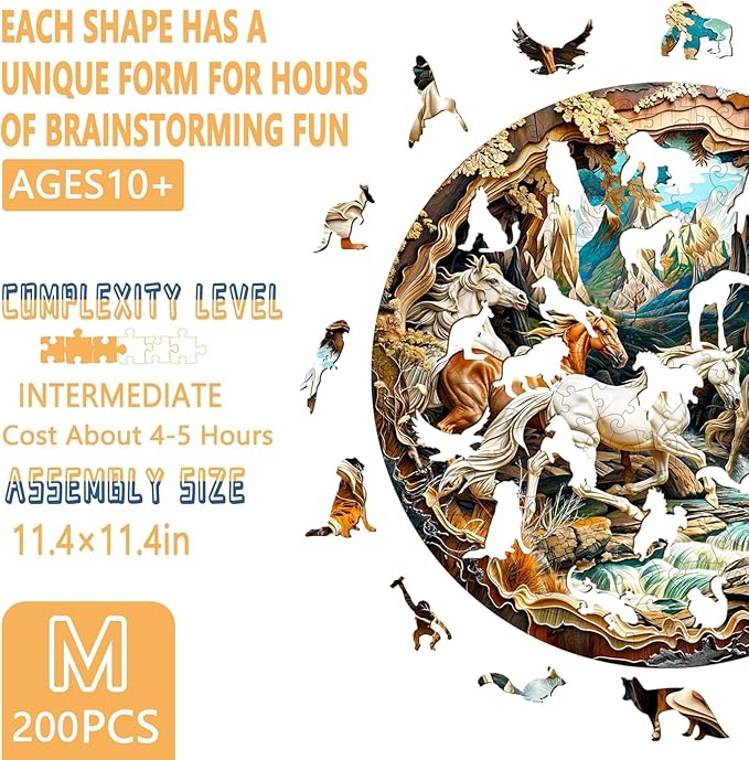 Wooden Puzzles for Adults, 3D Visual Effects Running Horses Wooden Jigsaw Puzzles for Adult, Wood Puzzles Adult, Cool Puzzles, Unique Gift Idea, Wall Art Canvas Puzzle (M-11.4 * 11.4in -200 Pcs)