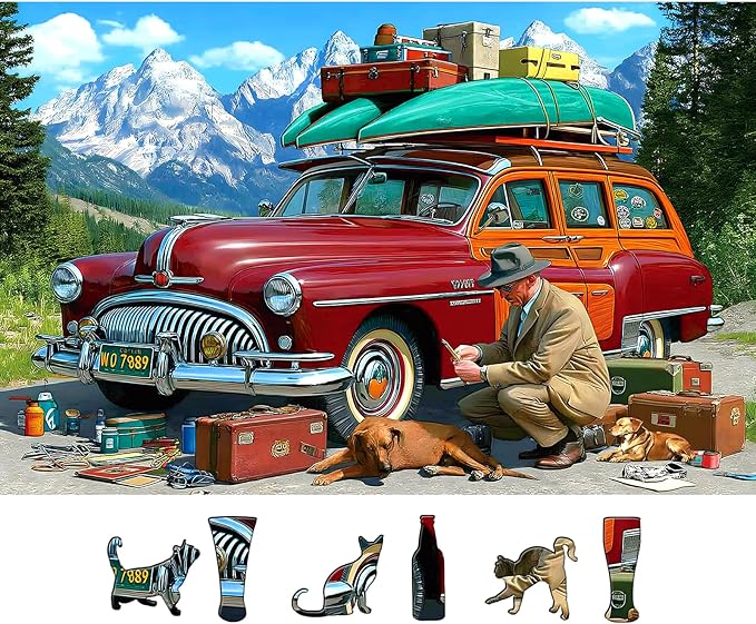 Vintage Car Puzzles for Adults 500 Piece Travel Adventure Jigsaw Puzzle Mountain Scene Large Piece Puzzles for Seniors Family Challenging Puzzle with Letters on Back Perfect for Game Night (23"X15")