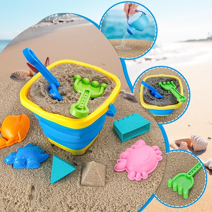 Collapsible Beach Toys Set for Kids Boys Castle Sand Toys Set with Sand Bucket & Shovels Set & Sand Molds and Mesh Bag, Travel Sandbox Toys for Toddlers Age 3-10.