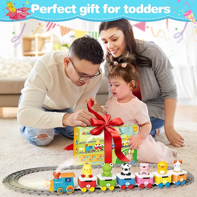 Learning Toy for Toddlers 1-3, Electric Toys Trains with Lights, Music & Steam, Counting, Matching & Sorting Montessori Toy with 6 Animal Finger Puppets, Birthday Xmas Gifts for Baby Boys Girls 12-18M