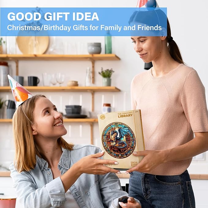 WOODBESTS Wooden Puzzles for Adults (300 Piece, L, 13.4"x13.4") Dragon's Library Wood Puzzle Adult, Unique Wooden Animal Jigsaw Puzzles, Family Game and Birthday Gifts for Friend