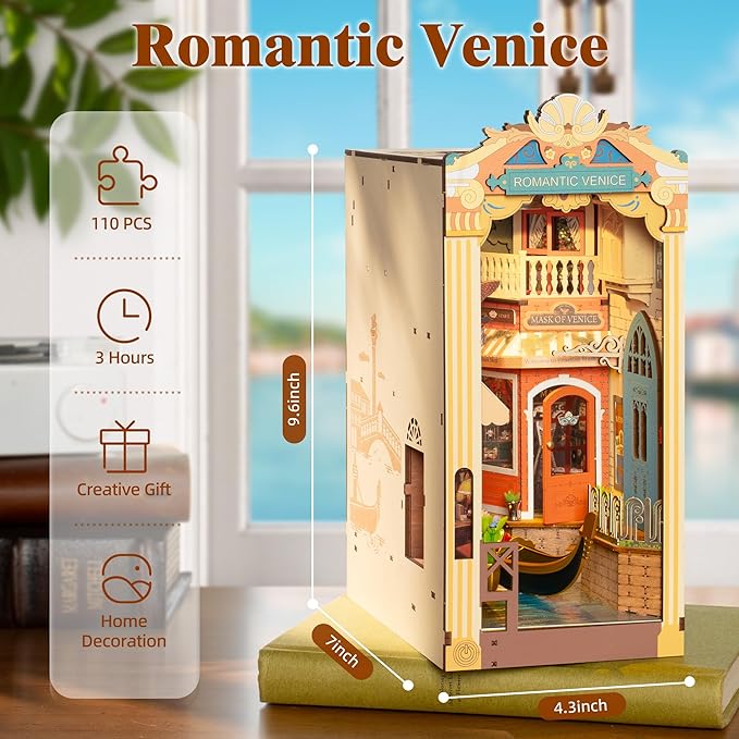 Rowood Book Nook Kit,DIY Book Nook Kits with Dust Cover for Adults,Miniature House 3D Wooden Puzzle Bookend Bookshelf Insert Allety,Craft Kits for Adults/Kids,Birthday Romantic Venice